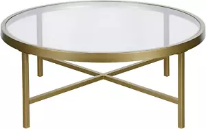 36" Wide round Coffee Table with Glass Top in Brass, Modern Coffee Tables for Li - Picture 1 of 4