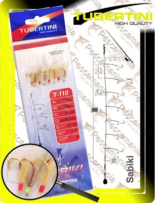 Sabiki Tubertini T-110 cm.250 8 ami fluorocarbon pelle pesce sgombri sugarelli - Immagine 1 di 4