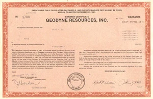 Geodyne Resources Inc. 1983 Tulsa Oklahoma oil gas warrant certificate - Picture 1 of 1