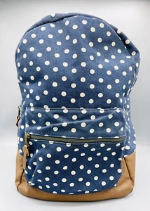 Navy Blue w White Polka Dots Backpack Cream Sparkle Trim Brown Faux Leather - Picture 1 of 9