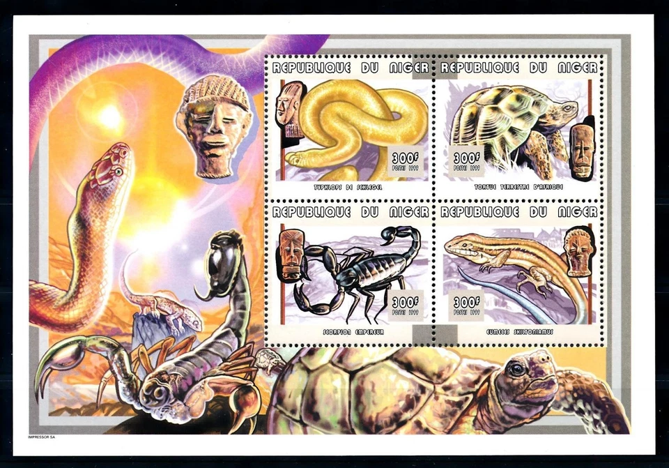 [95550] Níger 1999 Reptiles Serpiente Tortuga Escorpión Máscaras Hoja Miniatura MNH Foto 1 de 1