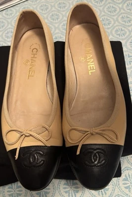Chanel Ballerinas Beige and Black Leather Flats EU.37.5 Women Shoes - Image 1 of 4