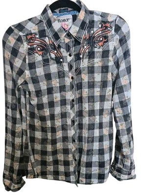 Camisa feminina Roar Buckle tamanho M punho flip preto xadrez rosa pêssego vaqueira ocidental - Imagem 1 de 4
