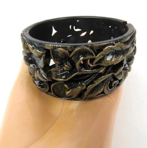 Bangle Bracelet Black Brown Gold Plastic Carved Floral Hinged 2.5" Wide New - Picture 1 of 8