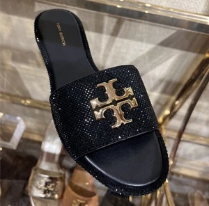 Tory Burch Everly Slide, Royal Suede, Crystal, Perfect Black / Gold - Picture 1 of 6