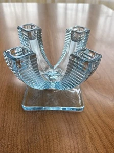 Fostoria Candlestick Candelabra 2546 Azure Blue Art Deco Quadrangle Ribbed - Picture 1 of 12