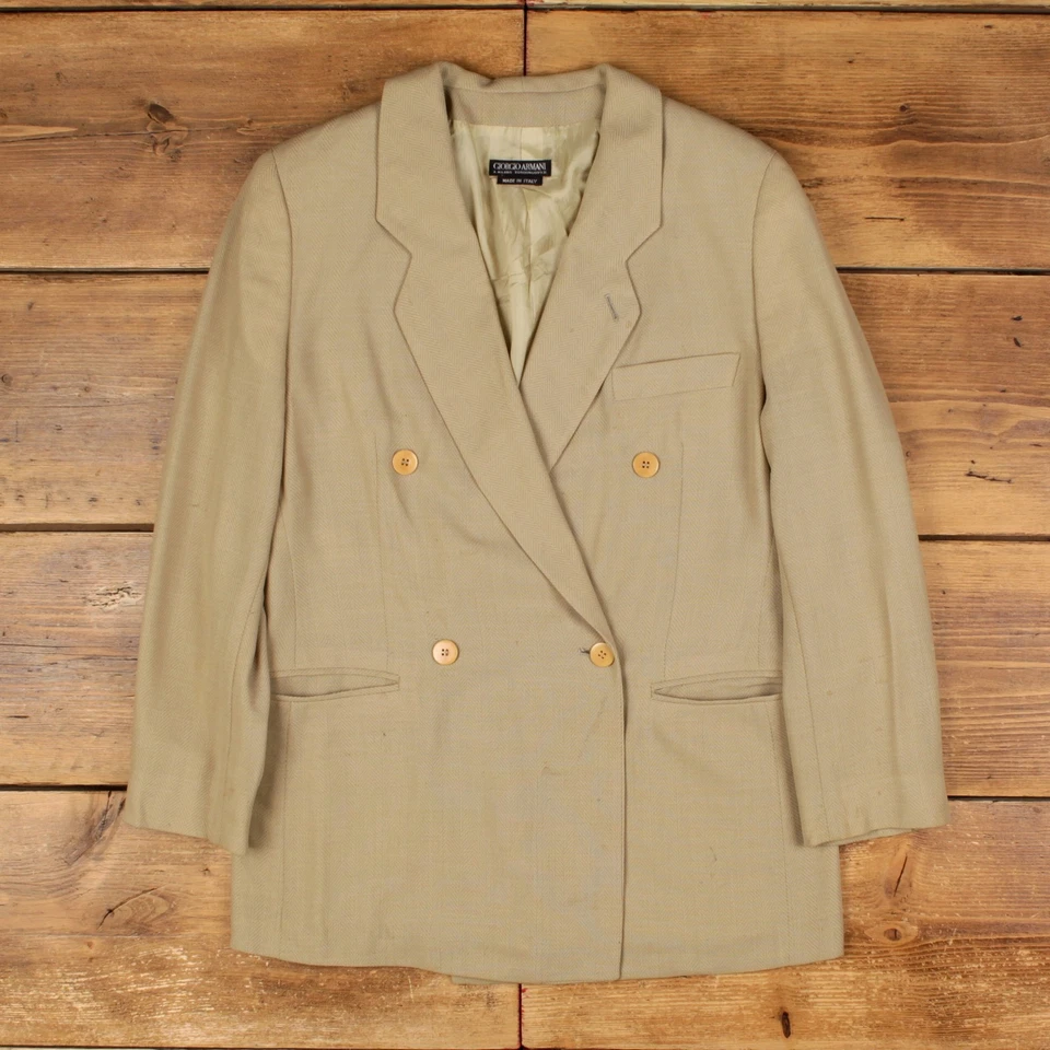 Vintage Giorgio Armani Blazer Jacket L Herringbone Beige Womens - Изображение 1 из 4