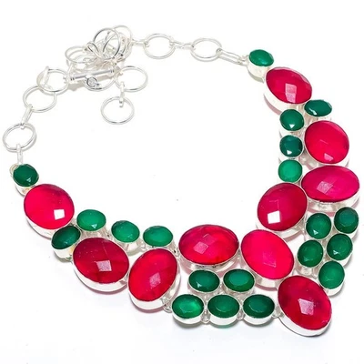 Rosso E Finto, Giada Verde Gemma 925 Argento Sterling Gioielli Collana - Immagine 1 di 4