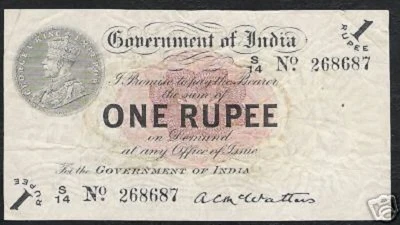 INDIA 1 RUPEE P-1B 1917 KING GEORGE V RAYED* McWATTERS Rare INDIAN CURRENCY NOTE - Image 1 of 4