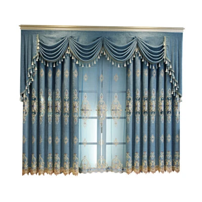 Chenille embroidered European blue cloth curtain tulle valance drape C1296 - Image 1 of 4