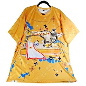 Antique Hand Crank Sewing Machine Blouse Shirt Size XXL Floral Scissors Yellow
