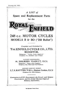 (0956) 1933 Royal Enfield B & BO ( 250 Bullet ) parts book - Picture 1 of 1