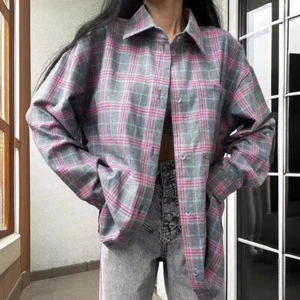 Retro Plaid Check Women Shirt,Lapel Long Sleeve Button Casual Loose Blouse Tops - Picture 1 of 17
