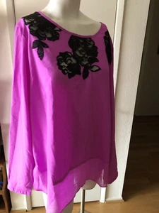 Achtung Damenbluse Größe L Rundhals rosa mit schwarzen Blumen Langarm - Bild 1 von 6