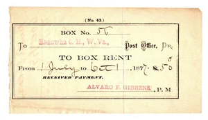 1877 Post Office Box Rental Receipt to Kanawha C.H., W.V - Alvaro F. Gibbens, PM - Picture 1 of 2