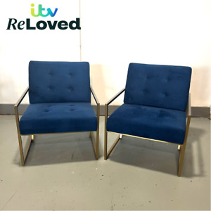 Pair of Stunning Blue Velvet Gold Accent Armchairs - preloved by ITV