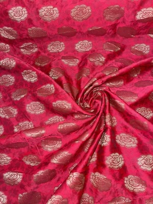 1M BANARSI Red / GOLD COLOUR  Floral BROCADE JACQUARD FABRIC 50" - Image 1 of 4