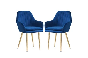 Set of 2 Upholstered Dining Velvet Padded Seat Golden Metal Legs Dining Lounge - Picture 1 of 14