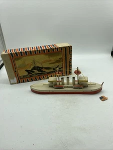 Vintage WOODEN TOY SHIP BOAT Japan Original Box TOY BATTLESHIP American Flag 20 - Picture 1 of 9