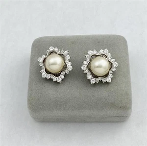 Vintage 925 Sterling Silver Clear CZ Stones & Faux Pearl Clip Earrings - Picture 1 of 5