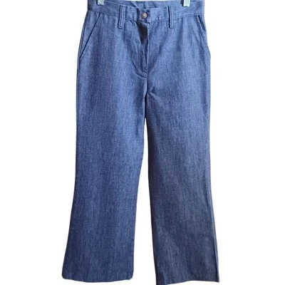 26 x 27 винтажный Bellbottom джинсы высокая талия 1970-х хиппи диск необработанный джинсовой ткани индиго - Изображение 1 из 4