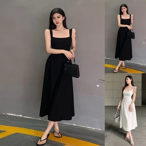 Kleid Einfarbig Elegant Frauen Hohe Taille Leichte Dehnung Square -Kragen - Picture 1 of 28