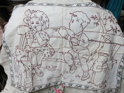 ""REDWORK BOY & GIRL ON BENCH - EMBROIDERY"" - VINTAGE TABLE CENTERPIECE - Image 1 of 2
