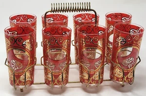 Vintage Culver Ltd. Red Regal Scroll Tumblers With 22K Gold Gilding 8 with Caddy - Picture 1 of 7