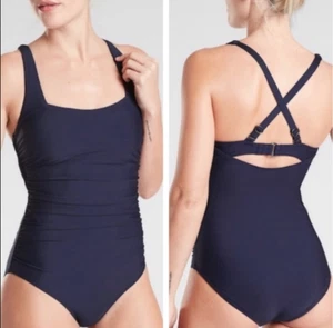 NWT Athleta square neck shirred one piece swimsuit Blue Small Tall ST $98 - Picture 1 of 2