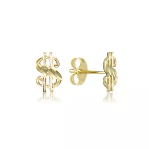 10K Solid Yellow Gold Dollar Sign Stud Earrings - $ Money Dia Cut Women Men - Picture 1 of 4