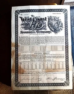 1912 certificate insur. the west coast life s. francisco calif. leone bigongiari - Foto 1 di 2