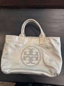 Tory Burch Signature Metallic Gold Tote Bag Good Condition Clean Perforated FAST - Picture 1 of 15