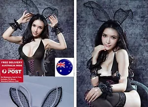 Women Girl Lace Easter Bunny Rabbit BLACK LONG Ear Costume Party Hair head band - Picture 1 of 21
