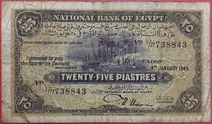 1945 National Bank Of Egypt 25 Piastres Banknote Nixon Signature Note. - Picture 1 of 3