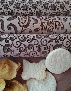 Wooden Rolling Pin Laser cut Natural Flowers Design pattern embossing Set 3 pcs - Picture 1 of 1