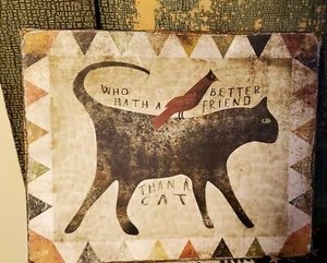ARTE POPOLARE PRIMITIVA STILE ANTICO VINTAGE GATTO TRAPUNTA INSEGNA STAMPA ARTE TELA 8 X 10 - Foto 1 di 3