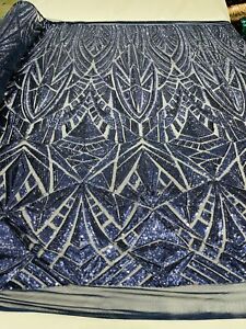 Geometric Sequins Fabric - Navy Blue - Geometric Design 4 Way Stretch By Yard