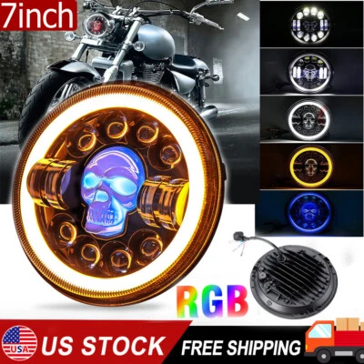 7" Skull LED Headlight Angel Eyes For Harley-Davidson Honda Yamaha Motorcycle US Foto 1 de 4