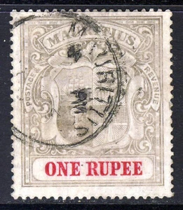 MAURITIUS 1902 ONE RUPEE Grey-Black & Carmine Wmk Crown CC SG 153 VFU - Picture 1 of 2