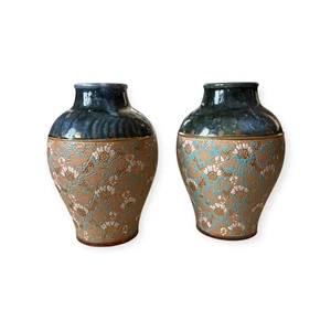 Pair Royal Doulton Lambeth Vases Daisy Staniforth Art Nouveau c1905 - Picture 1 of 10