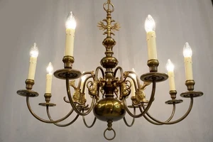 Antique 8 fl. Flemish Ceiling Light brass eagle + fish restored 75 cm Vintage - Picture 1 of 9