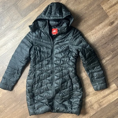 Nike Tech Down Puffer Coat Full Zip Long Coat Womens Size Large  Black Hooded - Image 1 of 4