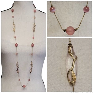 VTG Station Necklace 40" Pink Gold Tone Beaded Frosted Metal Wrapped Leaves - Picture 1 of 6