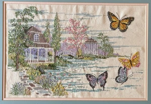 “Summer Retreat” Janlynn Cross Stitch FINISHED Butterflies Cottage Bridge Pastel - Picture 1 of 10
