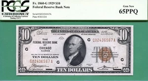 1929 $10 FRBN - CHICAGO - Fr 1860-G - PCGS GEM 65 PPQ - ALMOST JUMBLED LADDER - Picture 1 of 2