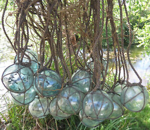 Japanese Glass FLOATS 2" Aqua/Blue-Green (19) Netted Bundle Cluster Antiques!