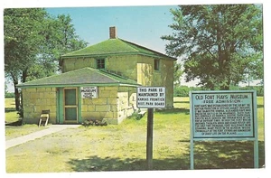 Guard and Block House Old Fort Hays Museum With Signs Kansas Postcard KS - Picture 1 of 2