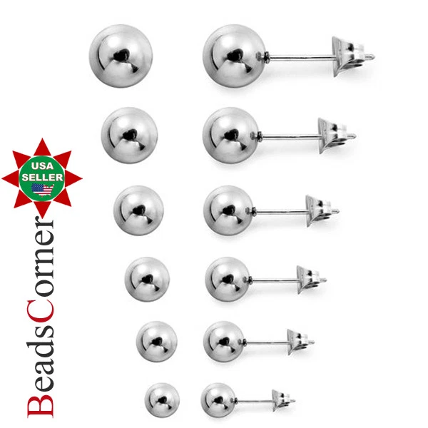 Surgical 316L Stainless Steel Ball Stud Earrings Round Men Women 2PC - Image 1 of 1