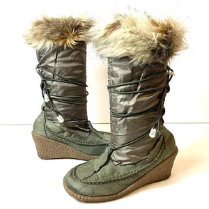 Robert Wayne Womens Knee High Winter Boots Green Lace Up Faux Fur Lined Size 8 - Picture 1 of 12