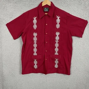 Guayabera Shirt Mens Large Red Haband Vintage 90s Beach Camp Embroidered Cuban - Picture 1 of 11
